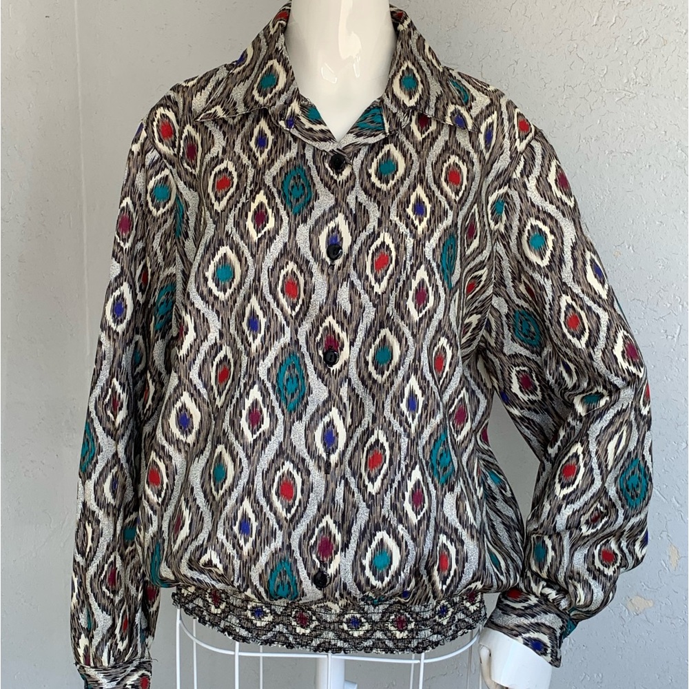 Vintage long sleeve multicolored blouse with gathered waistline